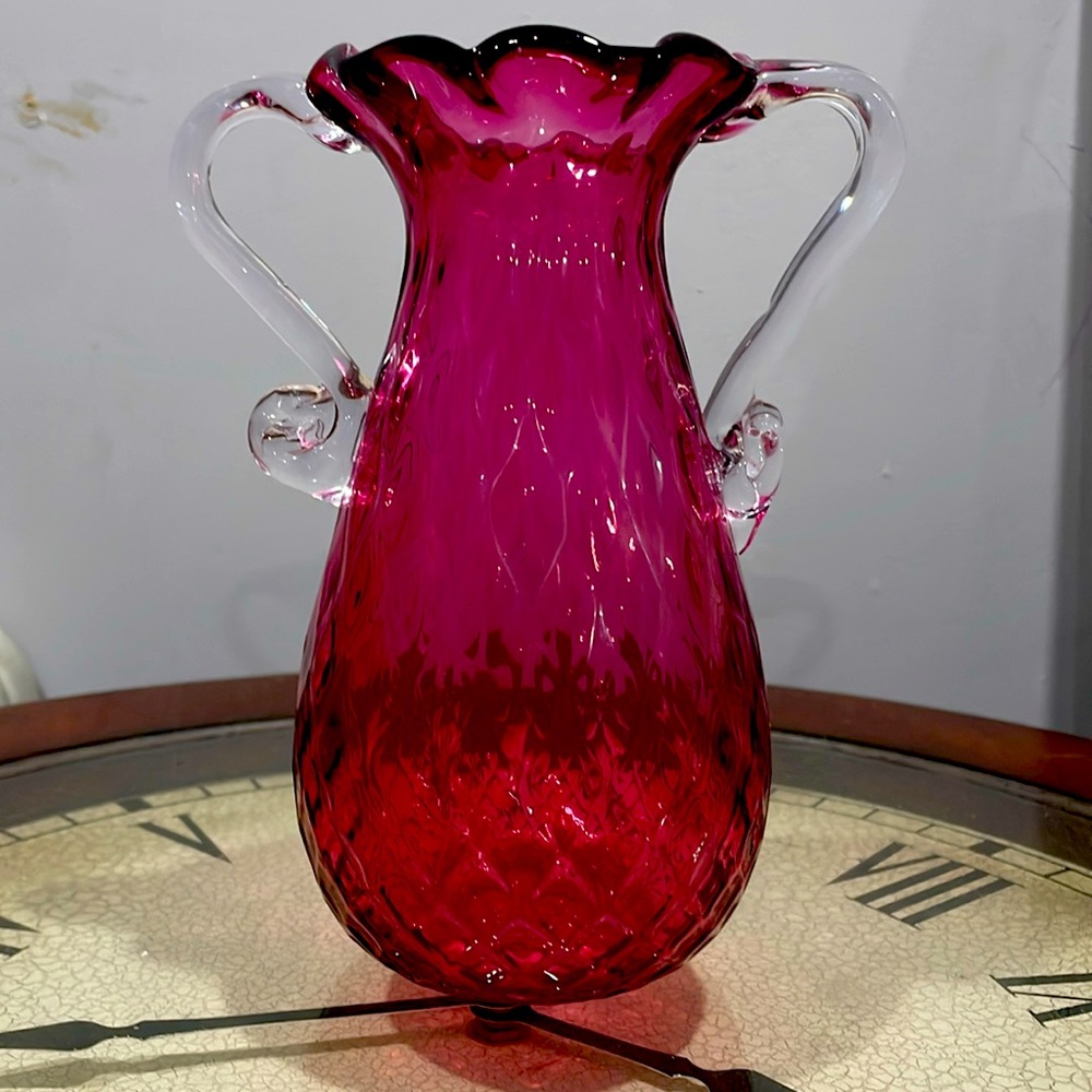 Heavy blown cranberry glass diamond optic vase